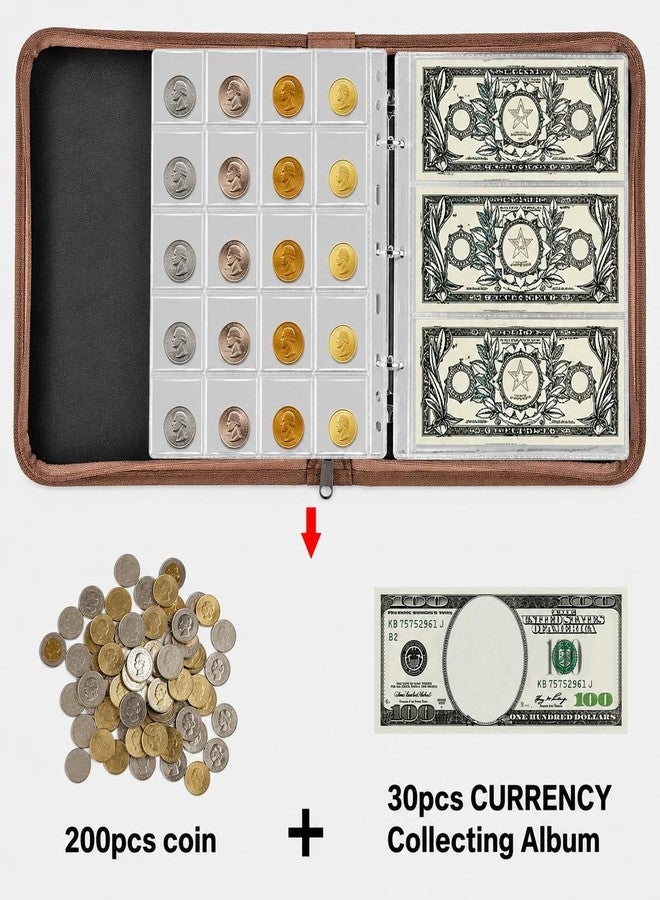 ANKHOH Coin Collection Book Holder for Collectors, 200 Pockets Collecting Album& 30 Sleeves Paper Money Display Storage for Currency Collection Supplies (200 coins+30 paper money binder) (Brown, Large Map) - Image 2