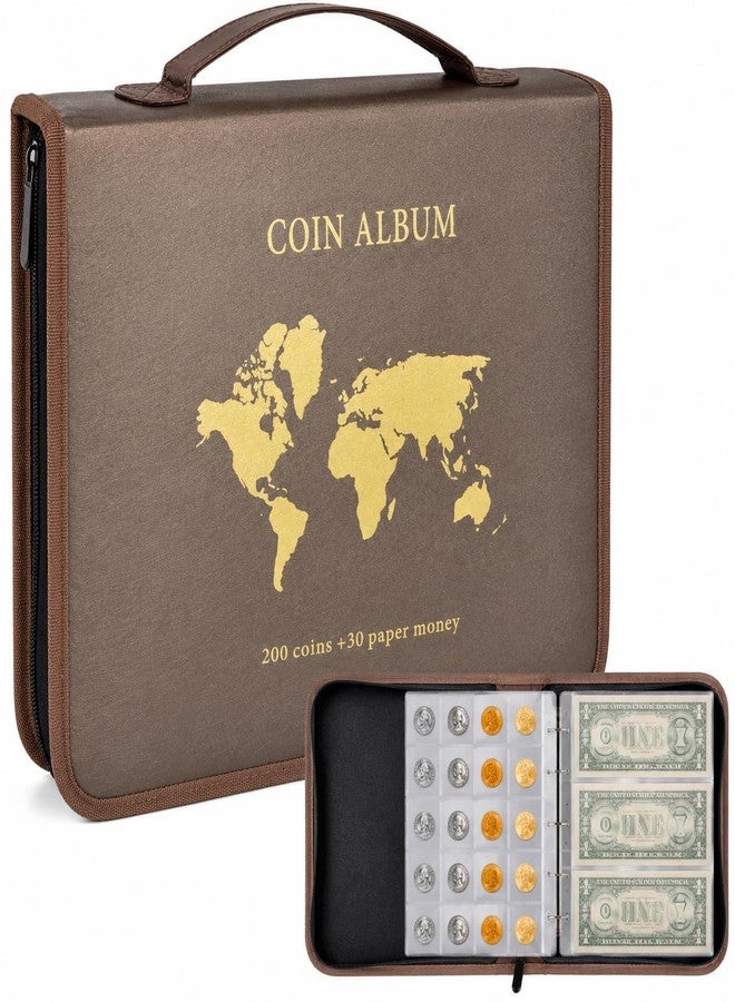 ANKHOH Coin Collection Book Holder for Collectors, 200 Pockets Collecting Album& 30 Sleeves Paper Money Display Storage for Currency Collection Supplies (200 coins+30 paper money binder) (Brown, Large Map) - Image 1