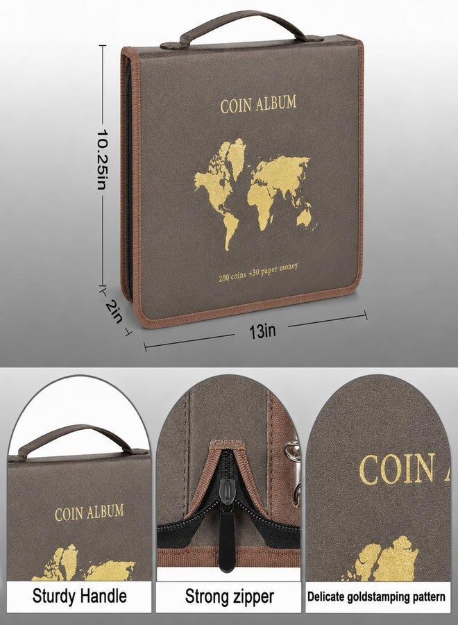 ANKHOH Coin Collection Book Holder for Collectors, 200 Pockets Collecting Album& 30 Sleeves Paper Money Display Storage for Currency Collection Supplies (200 coins+30 paper money binder) (Brown, Large Map) - Image 3