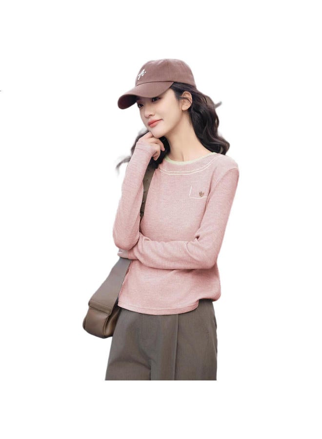 dme "Instant Street Style" Spring Edition Simple Embroidered Flower Metal Tag Decor Comfortable Slimming Long Sleeve Women'S T-Shirt - Image 1