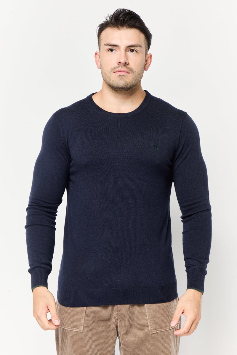 Harmont & Blaine Harmont  Blaine Jeans Men Crew Neck Embroidered Logo Sweater, Dark Navy - Image 1