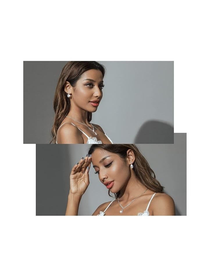 roaiss 3 Pcs Rhinestone Necklace Earrings Set Drop-shaped Pendant V-neck Chain Ear Dangle Bridal Evening Dress Accessories for Women Silver/Clear  - Image 3
