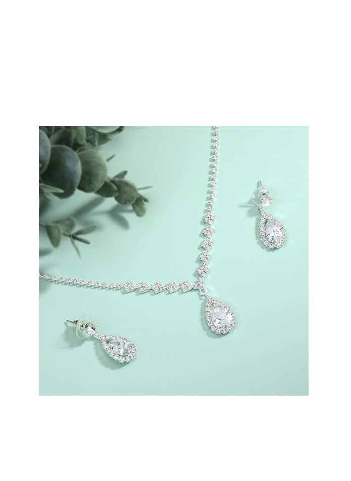 roaiss 3 Pcs Rhinestone Necklace Earrings Set Drop-shaped Pendant V-neck Chain Ear Dangle Bridal Evening Dress Accessories for Women Silver/Clear  - Image 2