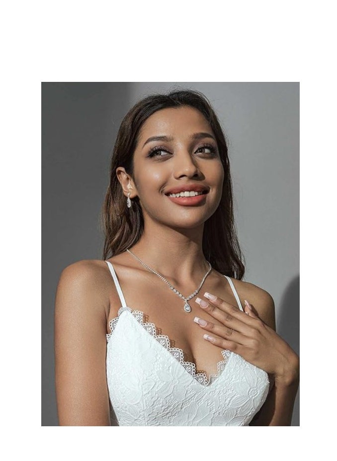 roaiss 3 Pcs Rhinestone Necklace Earrings Set Drop-shaped Pendant V-neck Chain Ear Dangle Bridal Evening Dress Accessories for Women Silver/Clear  - Image 4