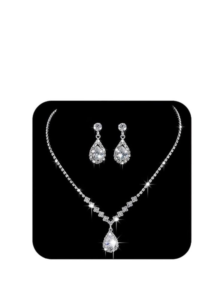 roaiss 3 Pcs Rhinestone Necklace Earrings Set Drop-shaped Pendant V-neck Chain Ear Dangle Bridal Evening Dress Accessories for Women Silver/Clear  - Image 1