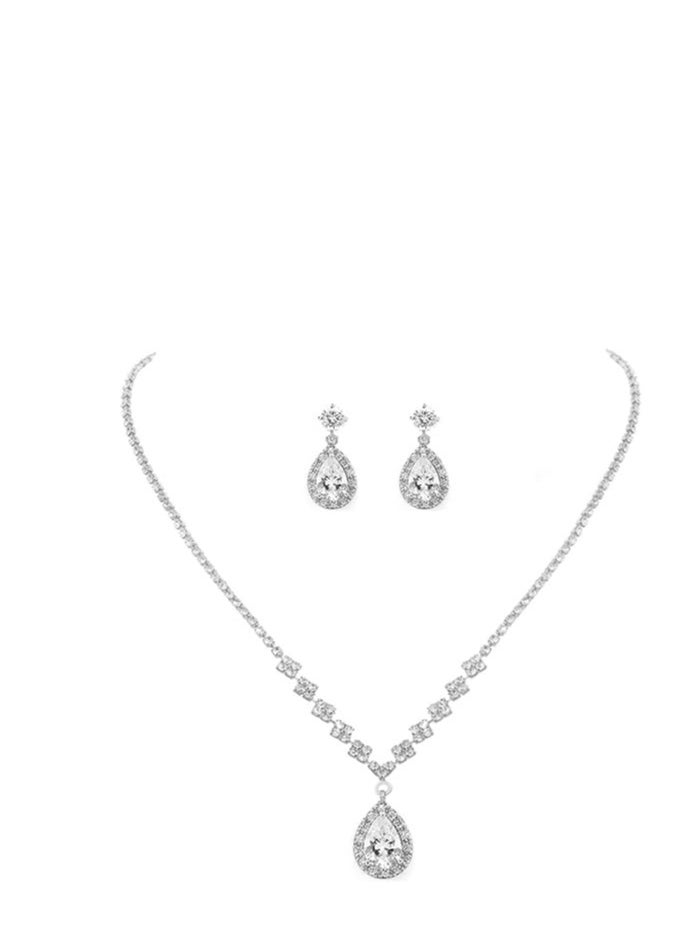 roaiss 3 Pcs Rhinestone Necklace Earrings Set Drop-shaped Pendant V-neck Chain Ear Dangle Bridal Evening Dress Accessories for Women Silver/Clear  - Image 5