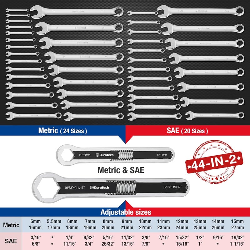 DURATECH Universal Wrench Set, Adjustable Wrench Set, SAE & Metric, 8-inch&10-inch, 44 sizes in 2 Piece, Drop Forged, ANSI standard - Image 2