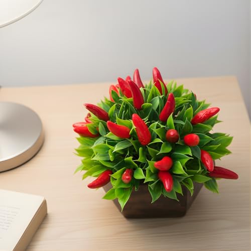 fancymart Artificial Plant Chilli in Wood Hexagon Pot - 15cm Height - Home & Office Decor Elegant Potted Plant for Tabletop Enhancement, Green - Image 2