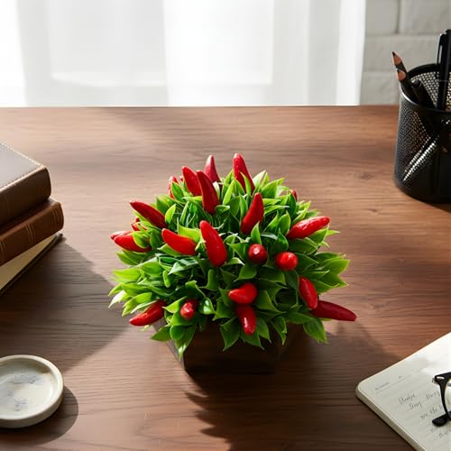 fancymart Artificial Plant Chilli in Wood Hexagon Pot - 15cm Height - Home & Office Decor Elegant Potted Plant for Tabletop Enhancement, Green - Image 3