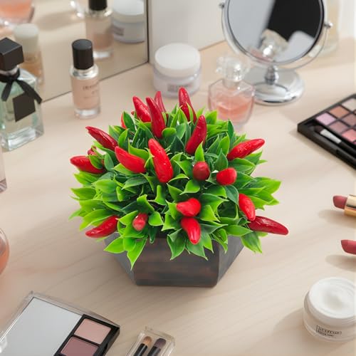 fancymart Artificial Plant Chilli in Wood Hexagon Pot - 15cm Height - Home & Office Decor Elegant Potted Plant for Tabletop Enhancement, Green - Image 1