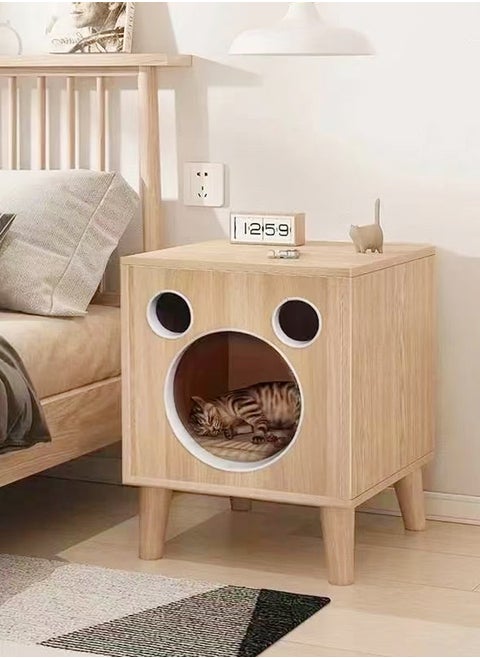 Multifunction Design Spacious Nightstand Bedside Table with Small Cat Enclosures Sturdy Wood Built Cat Nest with Cushion for Pet Cat 40x40x40 cm