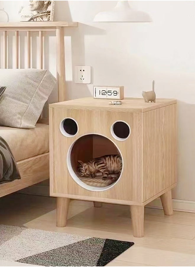 Multifunction Design Spacious Nightstand Bedside Table with Small Cat Enclosures Sturdy Wood Built Cat Nest with Cushion for Pet Cat 40x40x40 cm