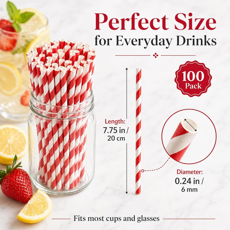 Haundry Red and White Striped Paper Straws, 100 Count Disposable Drinking Straws, 7.75 x 0.25 Inch, for Valentine’s Day, Christmas, Birthday, Wedding, Baby Shower, Party Drinks and Crafts - Image 2