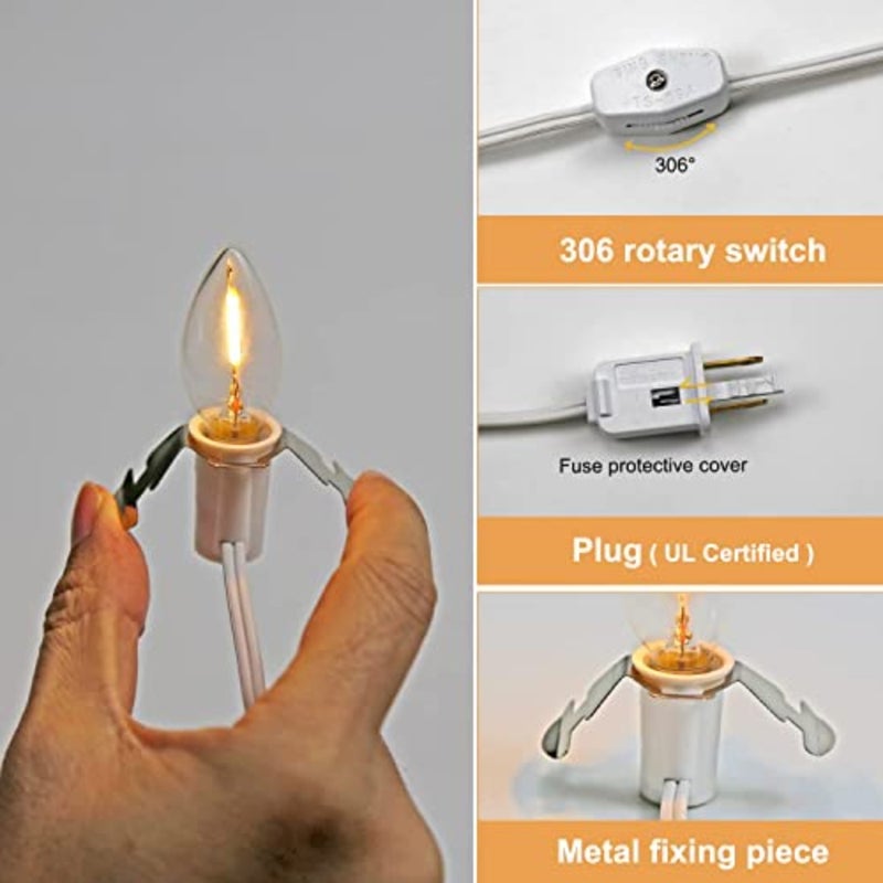 C7 Accessory Cord with C7 Led Light Bulb Candelabra-Base E12 Socket, White Cord with On/Off Switch Plugs for Holiday Decorations, Christmas Village House, Pumpkin Lights - 4 Pack - Image 2