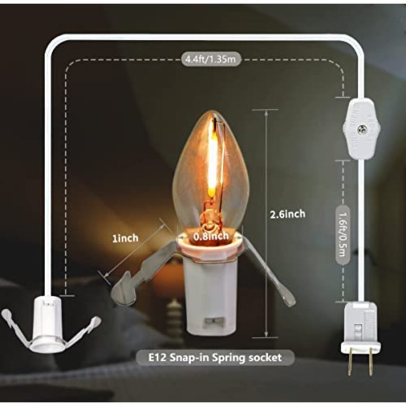 C7 Accessory Cord with C7 Led Light Bulb Candelabra-Base E12 Socket, White Cord with On/Off Switch Plugs for Holiday Decorations, Christmas Village House, Pumpkin Lights - 4 Pack - Image 3