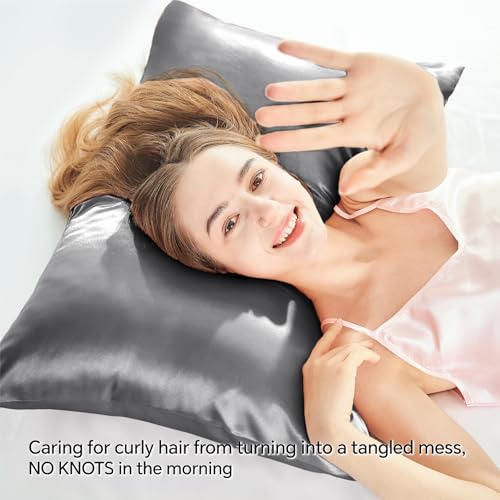 BEDELITE غطاء وسادة ساتان BEDELITE بسحاب 4 عبوات، أغطية وسائد رمادية داكنة بحجم قياسي، ناعمة للغاية وباردة مشابهة لأغطية الوسائد الحريرية، هدية للنساء والرجال (20x26 بوصة) - Image 4