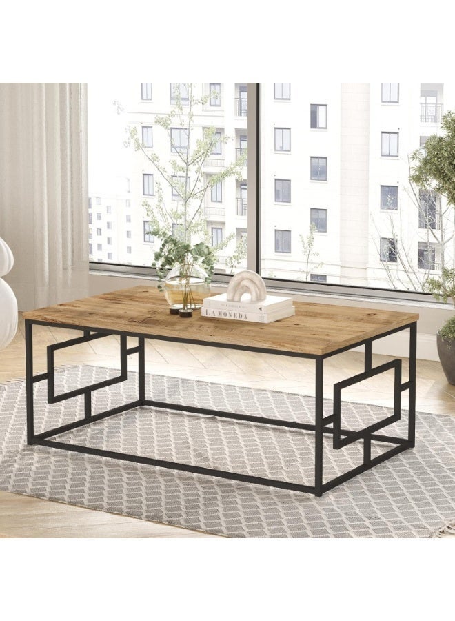 Coffee Table, Medium Rectangular Brown Engineered Wood Table with Metal Frame, Industrial Modern Design, Easy Assembly for Living Room & Home Office - Image 1