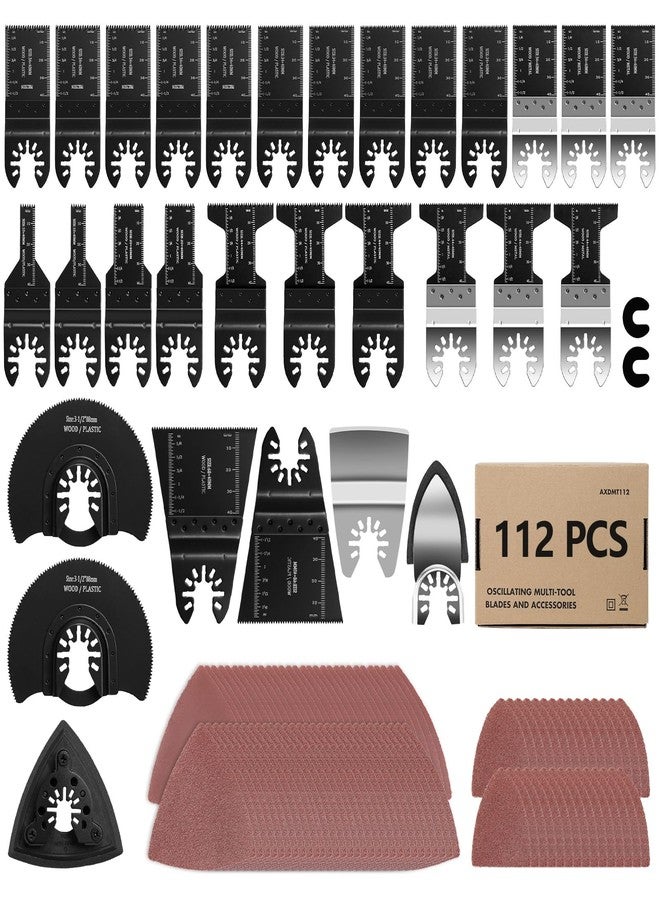 AVID POWER 112Pcs Oscillating Saw Blades Quick Release Oscillating Multitool Blades with Sandpapers Universal Oscillating Tool Accessories for Cutting Metal/Wood/Plastic, Compatible with Most Brands - Image 1