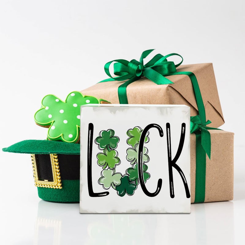 FLVGE St. Patrick's Day Decorations  Irish Luck Shamrock Wooden Box Sign Desk Decor  Lucky Sign for St Patrick's Day Home Party Decor 5x5 - Image 4