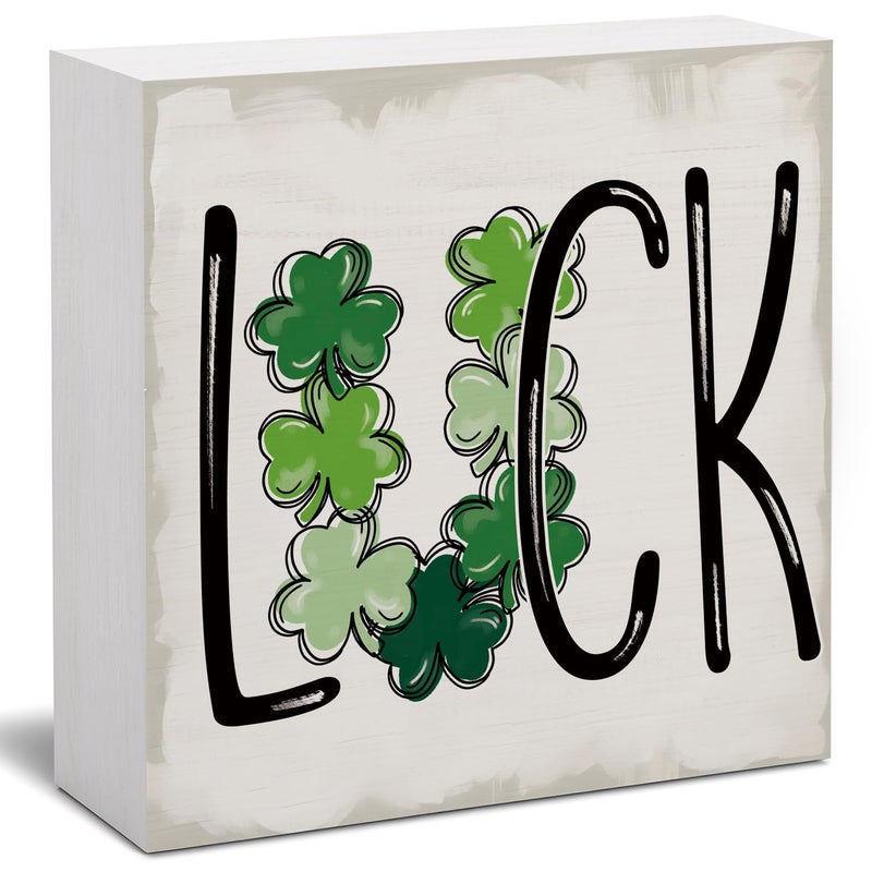 FLVGE St. Patrick's Day Decorations  Irish Luck Shamrock Wooden Box Sign Desk Decor  Lucky Sign for St Patrick's Day Home Party Decor 5x5 - Image 1