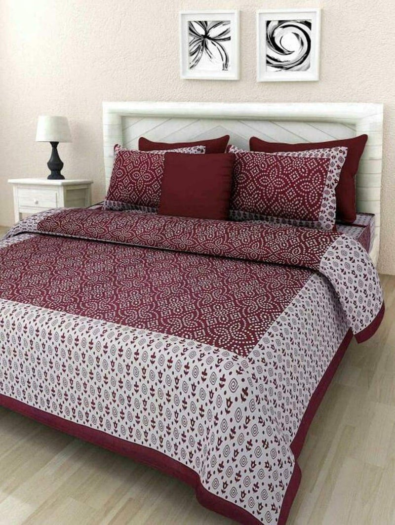 Doraya Queen Size Double Bed Sheet with Pillow Covers Pure Cotton Jaipuri Chunari Printed Bedcover Mahroon - Image 1