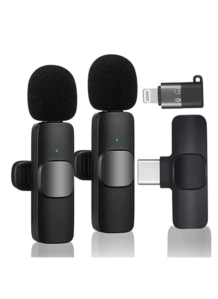 Generic K9 Wireless Dual Microphone , Digital Mini Portable Recording Clip Mic with Receiver for All Type-C Mobile Phones and converter Lightning - Black  - Image 1