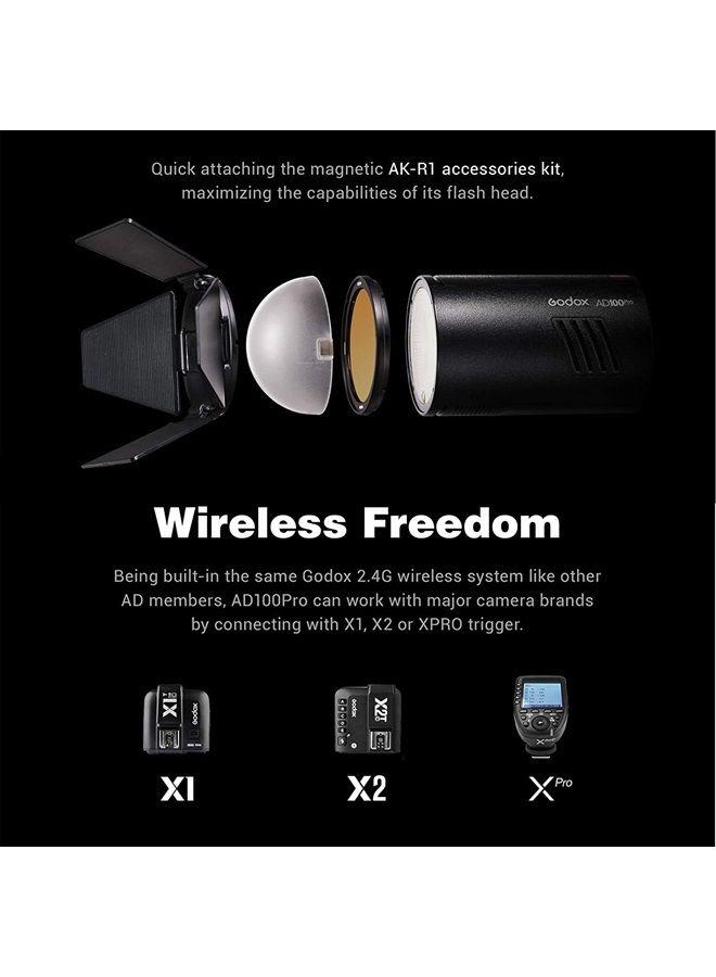 Godox AD100Pro 100Ws TTL 2.4G 1/8000 HSS Outdoor Flash Light, 2600mAh Battery 0.01-1.5s Recycling,with AK-R1 Round Head Accessories Kit, Three-Color Diffusers - Image 2