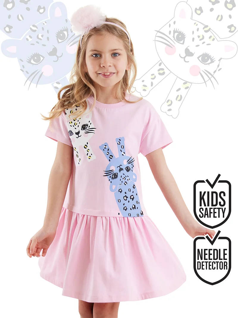 دينوكيدس فستان وردي للبنات برسومات قطط مضحكة
