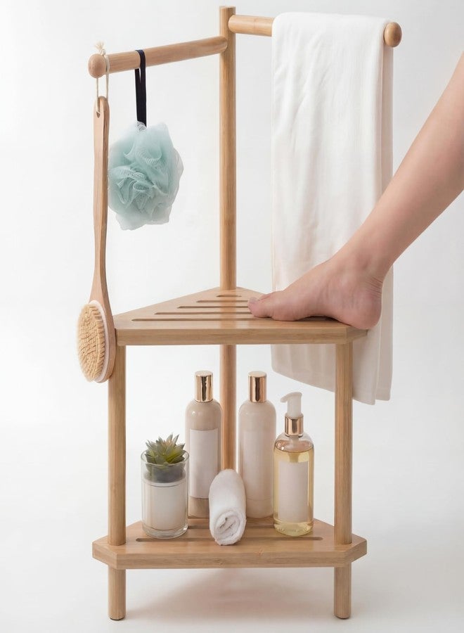 Threehoney 2 Tier 17" x 31" Bamboo Corner Shower Stool Foot Rest with Towel Bar, Wood Shower Stool Free Standing Corner Bathroom Bench Foot Rest with Storage Shelf for Bathroom Inside, Small Spaces - Image 1