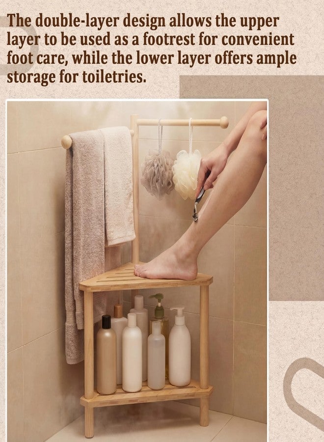 Threehoney 2 Tier 17" x 31" Bamboo Corner Shower Stool Foot Rest with Towel Bar, Wood Shower Stool Free Standing Corner Bathroom Bench Foot Rest with Storage Shelf for Bathroom Inside, Small Spaces - Image 5