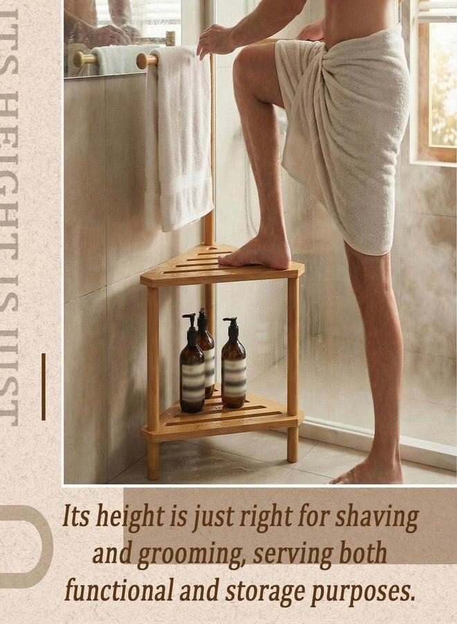 Threehoney 2 Tier 17" x 31" Bamboo Corner Shower Stool Foot Rest with Towel Bar, Wood Shower Stool Free Standing Corner Bathroom Bench Foot Rest with Storage Shelf for Bathroom Inside, Small Spaces - Image 3
