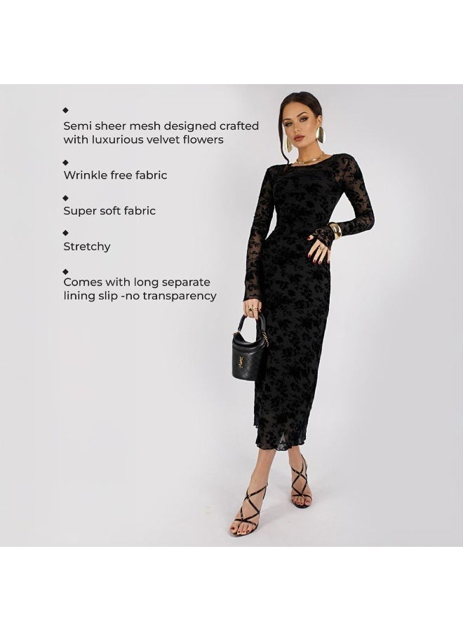 Aura Women’s Velvet Floral Mesh Dress – Slim Fit Sheer Tulle with Lining, Elegant Evening Midi Dress with Side Slit – Ethereal Elegance Collection - Image 3