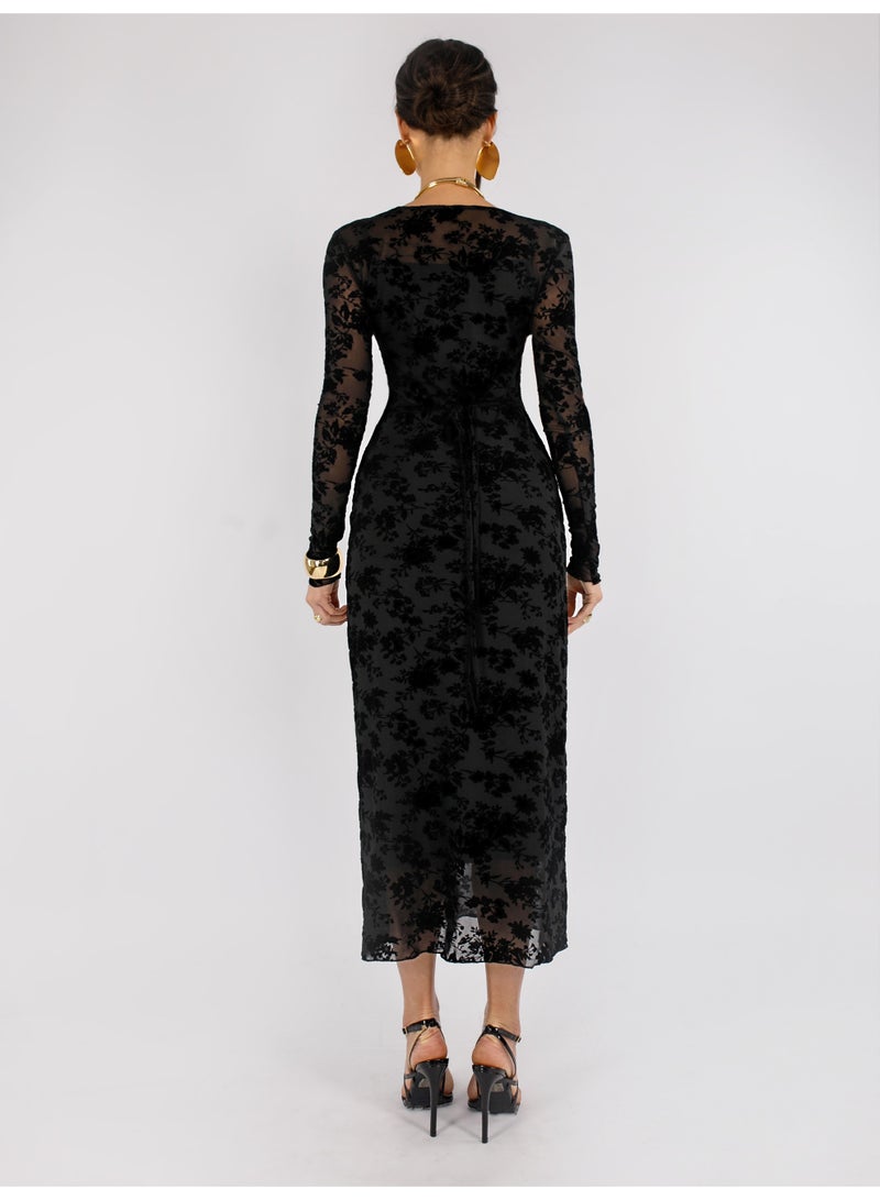Aura Women’s Velvet Floral Mesh Dress – Slim Fit Sheer Tulle with Lining, Elegant Evening Midi Dress with Side Slit – Ethereal Elegance Collection - Image 4