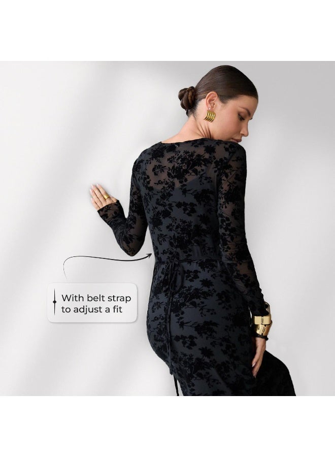 Aura Women’s Velvet Floral Mesh Dress – Slim Fit Sheer Tulle with Lining, Elegant Evening Midi Dress with Side Slit – Ethereal Elegance Collection - Image 5