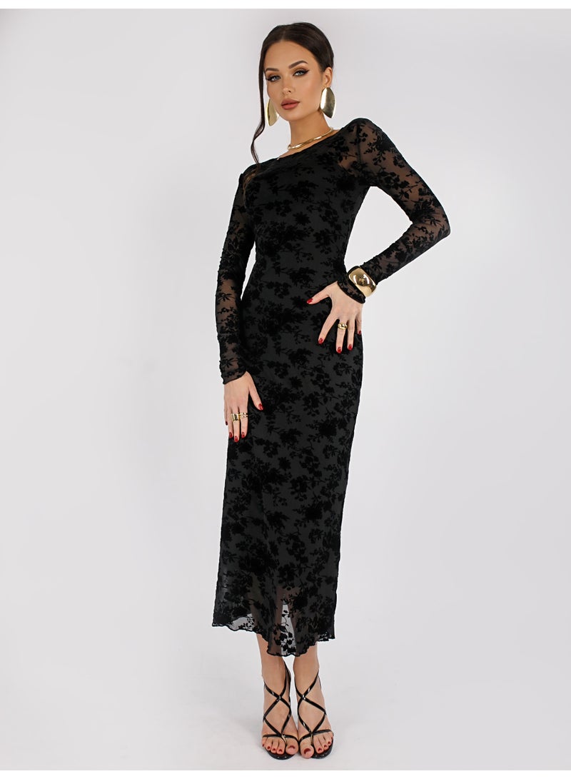 Aura Women’s Velvet Floral Mesh Dress – Slim Fit Sheer Tulle with Lining, Elegant Evening Midi Dress with Side Slit – Ethereal Elegance Collection - Image 1