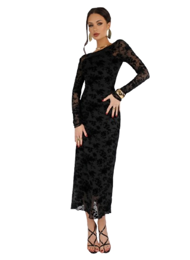 AURA Women's Velvet Floral Mesh Midi Dress – Slim Fit Sheer Tulle with Lining | Elegant Evening Dress with Side Slit | Formal Party & Wedding Occasion Dress | Ethereal Elegance Collection - Image 1