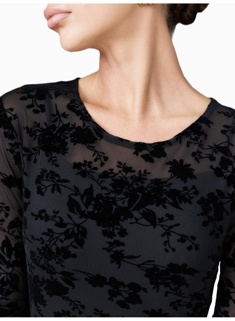 AURA Women's Velvet Floral Mesh Midi Dress, Slim Fit Sheer Tulle with Lining | Elegant Evening Dress | Formal Party & Wedding Occasion Dress | Ethereal Elegance Collection - Image 2