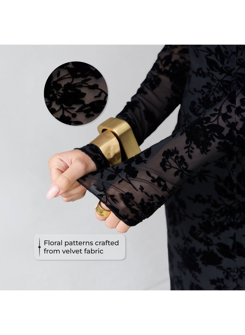 AURA Women's Velvet Floral Mesh Midi Dress, Slim Fit Sheer Tulle with Lining | Elegant Evening Dress | Formal Party & Wedding Occasion Dress | Ethereal Elegance Collection - Image 3