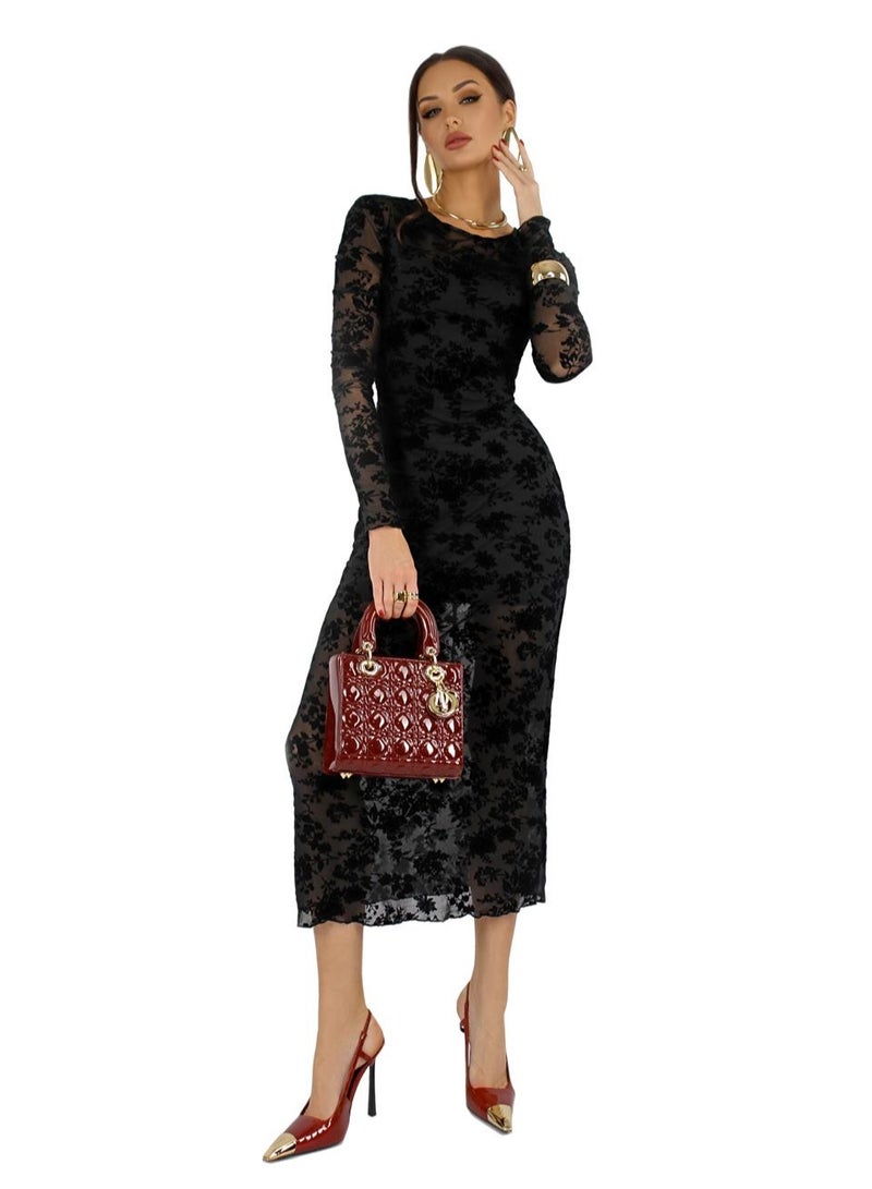 AURA Women's Velvet Floral Mesh Midi Dress, Slim Fit Sheer Tulle with Lining | Elegant Evening Dress | Formal Party & Wedding Occasion Dress | Ethereal Elegance Collection - Image 1