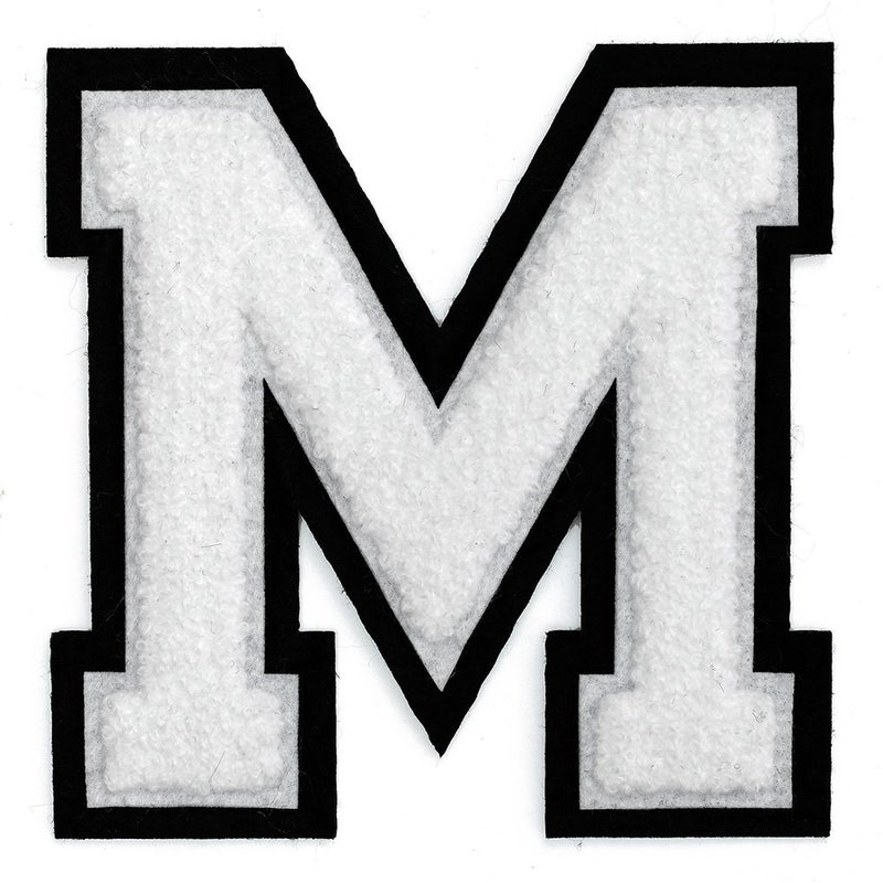 Applique رقعة حديدية حرف م من قماش الشنيل بتطريز 412 أبيض وأسود TR11648