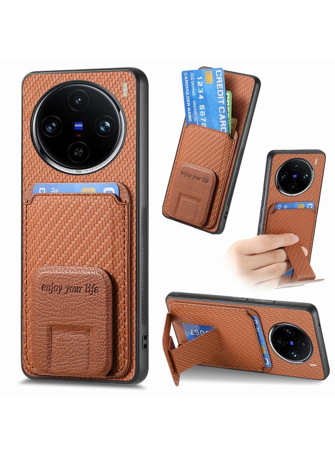Zaboon For vivo X100 Pro 5G Carbon Fiber Card Bag Fold Stand Phone Case(Brown)