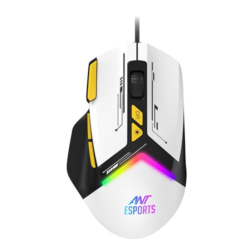 ANT Esports فأر ألعاب سلكي Ant Esports GM333 Smartchoice، حساس بصري بدقة 12800 DPI، تصميم مريح، إضاءة RGB، مفاتيح Huano، كابل مضفر 1.5M، دعم للبرمجيات المدمجة، أسود/أبيض/أصفر - Image 1