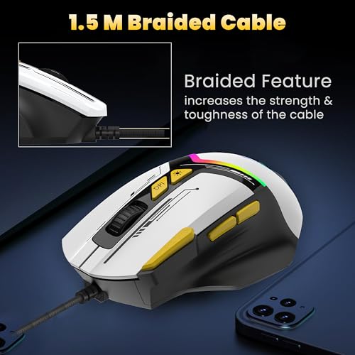 ANT Esports فأر ألعاب سلكي Ant Esports GM333 Smartchoice، حساس بصري بدقة 12800 DPI، تصميم مريح، إضاءة RGB، مفاتيح Huano، كابل مضفر 1.5M، دعم للبرمجيات المدمجة، أسود/أبيض/أصفر - Image 3