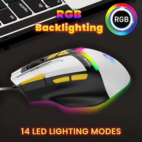 ANT Esports فأر ألعاب سلكي Ant Esports GM333 Smartchoice، حساس بصري بدقة 12800 DPI، تصميم مريح، إضاءة RGB، مفاتيح Huano، كابل مضفر 1.5M، دعم للبرمجيات المدمجة، أسود/أبيض/أصفر - Image 4