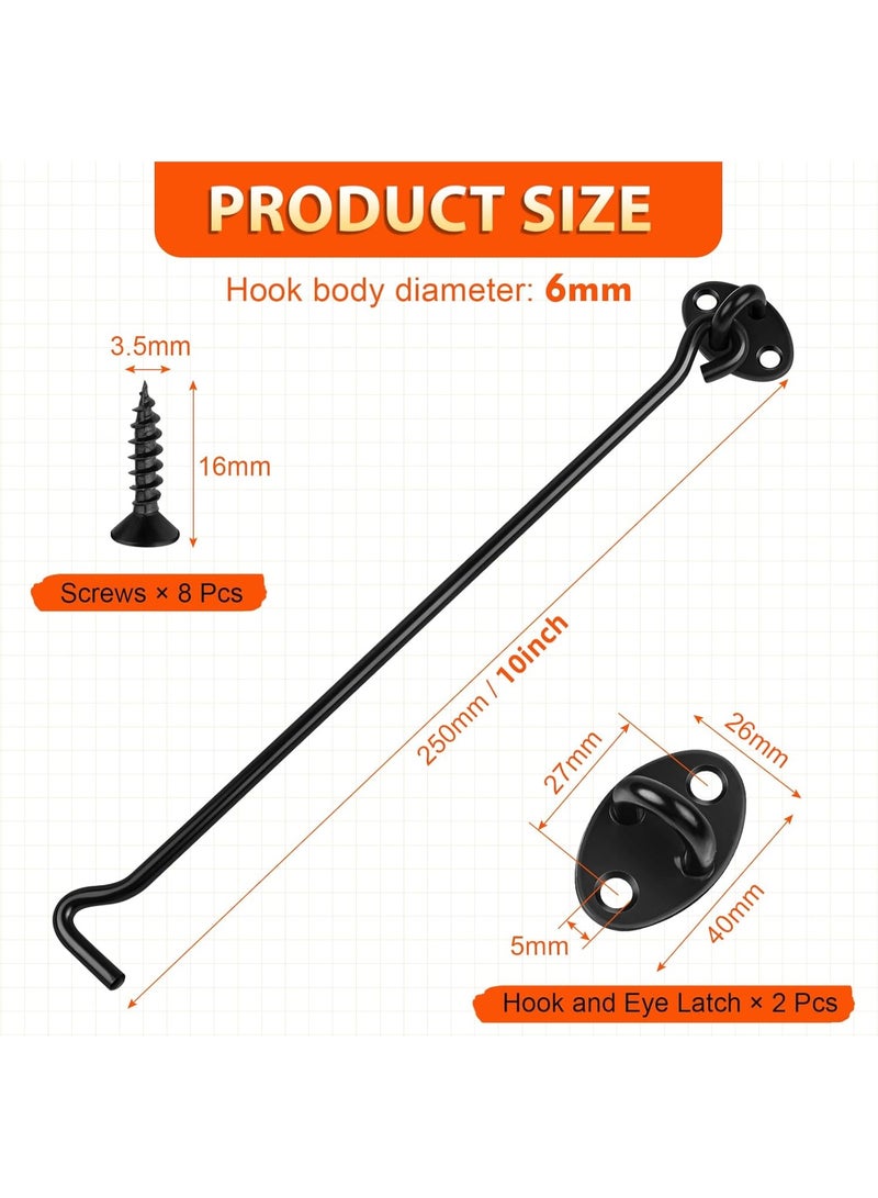 HOMESTAR 2 Pack Hook and Eye Latch, 10 Inch Black Cabin Hooks Stainless Steel Eye Gate Latch Easy Lock, Long Sliding Door Hooks Barn Door Catch with Screws for Outdoor Garden Shed Patio Window Wooden Gates - Image 3