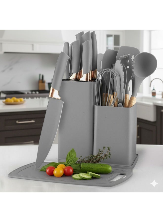 ياهـ مجموعة أدوات مطبخ YAH من السيليكون الفاخر، مكونة من 19 قطعة، بمقابض خشبية، وسكاكين أنيقة من الفولاذ المقاوم للصدأ، ولوح تقطيع فريد - مقاومة للحرارة، وغير لاصقة، وخالية من مادة BPA - Image 1