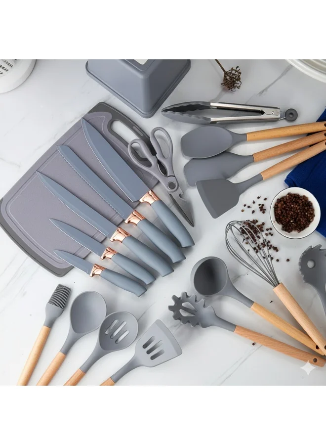 YAH Creation YAH 19-Piece Premium Silicone Kitchen Utensil Set with Wooden Handles, Stylish Stainless Steel Knives, & Unique Cutting Board - Heat-Resistant, Non-Stick, BPA-Free