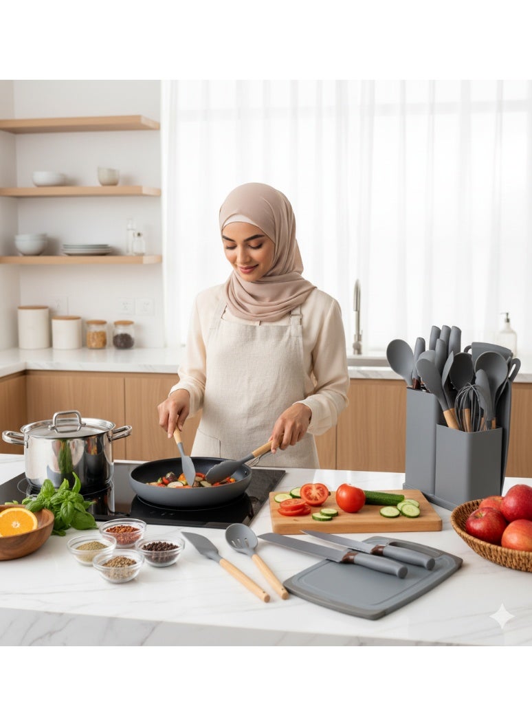 ياهـ مجموعة أدوات مطبخ YAH من السيليكون الفاخر، مكونة من 19 قطعة، بمقابض خشبية، وسكاكين أنيقة من الفولاذ المقاوم للصدأ، ولوح تقطيع فريد - مقاومة للحرارة، وغير لاصقة، وخالية من مادة BPA - Image 3