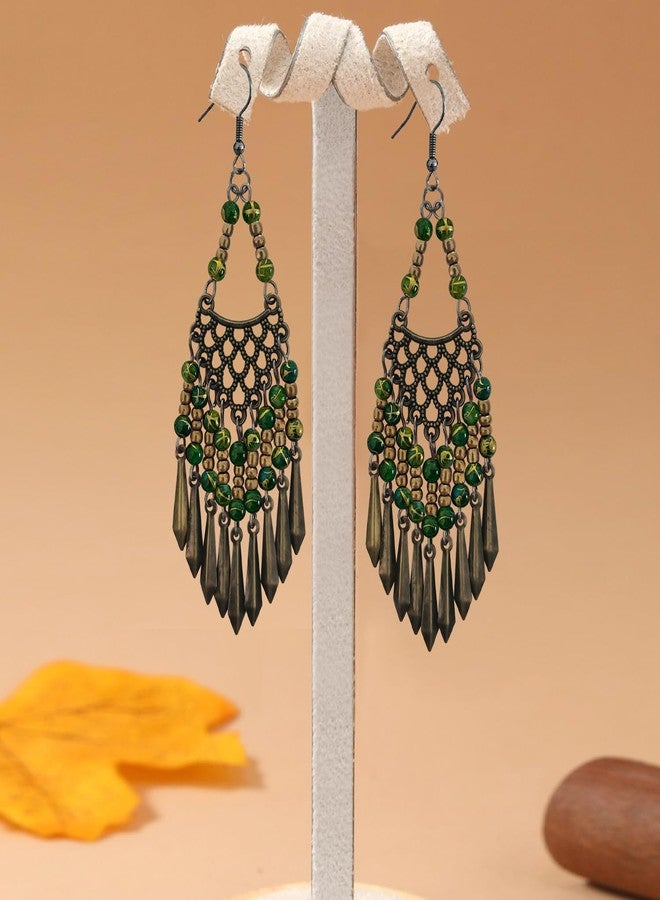 KVANU Handmade Vintage Bronze Bohemian Long Tassel Colorful Bead Dangle Drop Earrings Big Tribal Chandelier Geometry Hook Earrings for Women Girls Statement Jewelry Gifts (Green) - Image 3