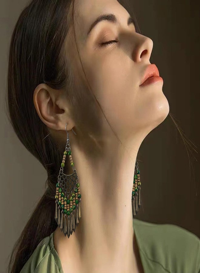 KVANU Handmade Vintage Bronze Bohemian Long Tassel Colorful Bead Dangle Drop Earrings Big Tribal Chandelier Geometry Hook Earrings for Women Girls Statement Jewelry Gifts (Green) - Image 4